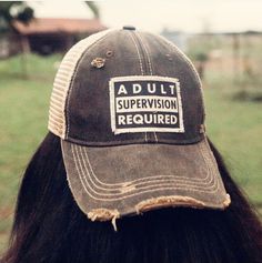 Details Vintage Distressed Trucker Cap "Adult Supervision Required"Color: Black Distressed Material: Cotton/Polyester blend, Mesh backSize: One size fits most, with an adjustable snapback strap. Unisex cap Adjustable Distressed Trucker Hat For Streetwear, Distressed Adjustable Trucker Hat For Streetwear, Distressed Adjustable Snapback Baseball Cap, Trucker Cap, Mesh, Black, Color