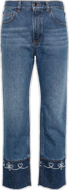 Cropped Leg Denim Jeans With Contrast Stitching, Denim Jeans With Contrast Stitching And Cropped Leg, Casual Cropped Jeans With Contrast Stitching, Casual Cropped Straight Leg Jeans With Contrast Stitching, Denim Cropped Straight Leg Jeans With Contrast Stitching, Luxury Blue Cropped Jeans, Luxury Denim Blue Cropped Cotton Jeans, Mid-rise Embellished Denim Blue Bottoms, Mid-rise Cropped Jeans In Denim Blue With Contrast Stitching