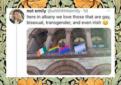 a woman is standing in front of a building with flags on the balcony and an orange flowered border around her