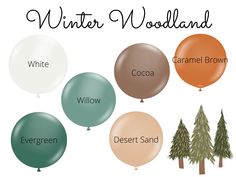 the winter woodland balloons are available in different colors and sizes, including white, brown, green