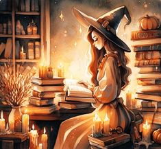 a painting of a woman sitting in front of a pile of books with a witches hat on her head