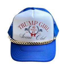 Show your patriotic flair with our Trump Girl Social Club Trucker Hat! 🇺🇸❤️ Perfect for sunny days with its foam front, mesh back, and adjustable snapback enclosure. Pair it with any outfit for a bold statement! #TrumpGirl #TruckerHatFashion #RedWhiteBlue #PatrioticStyle #AliciaDiMicheleBoutique Blue Trucker Hat, Trucker Hat Fashion, White Jumpsuit Dress, Patriotic Fashion, Confident Style, Pool Beach, Red Shop, Slipper Socks, Boutique Accessories