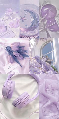 the collage shows purple flowers and headphones on top of each other, along with an open window