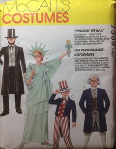 an old fashion sewing pattern for men's and women's costumes with the statue of liberty