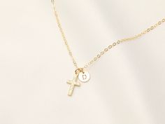 14k Gold Filled Tiny Cross with Initial Necklace / Miraculous / Catholic Necklace / Baptism Necklace / Communion , Letter Necklace  INSTRUCTION: 1. Choose the length of the chain. 2. Select how many charms (1 disc or + 2 discs + 3 discs + 4 discs or more) 3. In the Personalization Box - Please indicate the Letter of choice, all letter will be in capital letters only. 4. Indicate the order you want the letters will be Example: Letter D, R, J, Cross , OR Cross D, R, J (please indicate order of the Cross Necklace With Initial, Personalized Yellow Gold Necklaces For First Communion, Personalized Yellow Gold Necklace For First Communion, Personalized Gold Necklaces For Baptism, Personalized Gold Necklace For Baptism, Personalized Gold Cross Necklace For Wedding, Personalized Gold Cross Necklace For First Communion, Baptism Necklace, Cross Necklace Simple