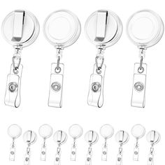 a set of six retractable clip - on lanyards with round handles