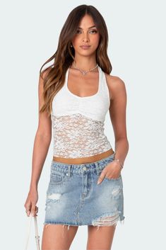 Tia Sheer Lace Halter Top – edikted Visionary Fashion, Lace Halter Top, Top Halter, Girls Blouse, Cropped Tube Top, Girls Wardrobe, Puff Sleeve Top, Halter Neckline, Knitted Tank Top