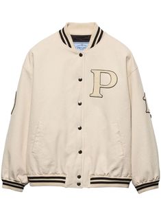 white cotton denim front press-stud fastening stripe detailing baseball collar drop shoulder long sleeves ribbed cuffs logo patch at the chest logo patch at the sleeve two side welt pockets triangle logo ribbed hem Patches Fabric, Jacket With Patches, Prada Jacket, College Style, Triangle Logo, College Fashion, Ski Wear, Knit Collar, Embroidered Patches