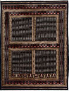 a black and red area rug with four squares on the bottom, two rows of smaller squares at the top