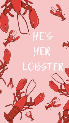 a pink background with red lobsters and the words he's her lobster