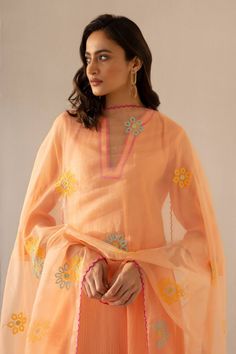 Buy Peach Cotton Gauze Embroidered Sorbet Textured Kurta Palazzo Set For Women by Sureena Chowdhri Online at Aza Fashions. Sureena Chowdhri, Lace Kaftan, Kurta Palazzo Set, Peach Sorbet, Palazzo Set, Embroidery Designs Fashion, Organza Dupatta, Thread Work, Kurta Set