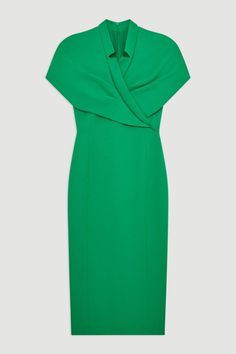 Structured Crepe Cape Detail Midi Dress | Karen Millen Green Midi Dress With Draped Sleeves, Classic Green Midi Dress For Evening, Classic Green Evening Midi Dress, Sheath Midi Dress With Draped Sleeves For Work, Formal Mini Dress With Cape Sleeves, Chic Midi Dress With Cape Sleeves For Work, Petite Wedding Guest Dresses, Plus Size Formal, Tall Dresses