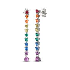 Brighten up your look with these vibrant rainbow drop earrings. Sterling silver Round-cut lab-created ruby posts with orange and yellow lab-created sapphire, lab-created emerald, blue lab-created spinel and pink lab-created sapphire dangles Friction backs Multicolor Cubic Zirconia Dangle Jewelry, Elegant Rainbow Cubic Zirconia Jewelry, Multicolor Cubic Zirconia Fine Jewelry Earrings, Multicolor Cubic Zirconia Earrings Fine Jewelry, Fine Jewelry Multicolor Cubic Zirconia Earrings, Rainbow Gemstone Jewelry In Sterling Silver, Multicolor Fine Jewelry With Prong Setting, Rainbow Cubic Zirconia Jewelry With Sparkling Stones, Rainbow Sterling Silver Round Jewelry