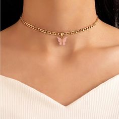 Nwot Butterfly Charm Choker Necklace Yellow Gold Color Chain Pink Butterfly Charm Adjustable Length Wear As A Choker Or As A Necklace Layer Or Wear Alone Necklace Y2k, Butterfly Choker, Charm Choker Necklace, Yellow Gold Color, Y2k Vibes, Butterfly Charm, Butterfly Necklace, Pink Butterfly, Cute Jewelry