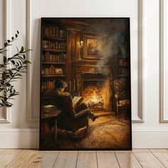 a painting of a man sitting in front of a fire place with bookshelves