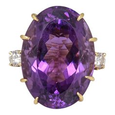 1970s Large Amethyst and Diamond Gold Cocktail Ring size 4 | Chairish Oval Brilliant Cut Amethyst Ring In Yellow Gold, Oval Amethyst Diamond Ring In Yellow Gold, Oval Three Stone Amethyst Ring, Fine Jewelry, Oval Amethyst Ring In 14k Gold With Brilliant Cut, Formal Oval Three-stone Amethyst Ring, Oval Three-stone Amethyst Ring, Oval Amethyst Ring With Diamond Accents In Yellow Gold, Oval Amethyst Ring In Yellow Gold With Diamond Accents, Elegant Oval Three-stone Amethyst Ring