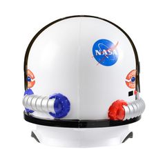 the nasa helmet is white with red and blue accents