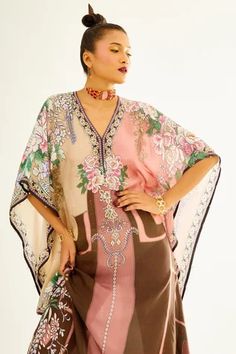 Shop for Rajdeep Ranawat Pink Elenor Silk Kaftan for Women Online at Aza Fashions Bohemian Floral Print Kaftan For Designer Wear, Bohemian Georgette Kaftan With Printed Motifs, Bohemian Georgette Kaftan For Spring, Spring Bohemian Georgette Kaftan, Bohemian Georgette Kaftan With Floral Print, Rajdeep Ranawat, Kaftan For Women, Kaftan Tunic, Silk Kaftan