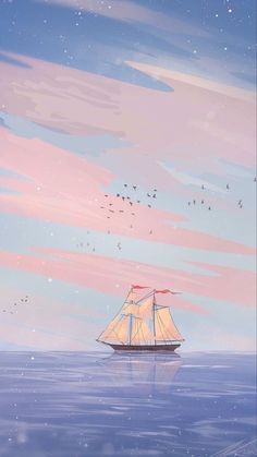 a sailboat floating in the ocean under a pink and blue sky with birds flying overhead