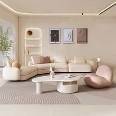 a living room filled with lots of white furniture