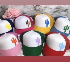 "These unique custom MADE TO ORDER hats are truely one of a kind. Not all heads are created equal , which is why we have so many size options. You can customize your hat color, size and your favorite design. please note all hat colors vary by size, in other words- not every hat color is available in every size. **please note these are made to order and the design layouts will be unique to each hat ordered** Please feel free to ask any questions you have about sizing, as these are MADE TO ORDER e Casual Multicolor Customizable Hats, Cute Snapback Hat, Handmade Casual Trucker Hat For Summer, Casual Trucker Hat As A Gift, Casual Mini Hats For Gifts, White Casual Trucker Hat As Gift, Casual White Trucker Hat For Gift, Casual White Trucker Hat As Gift, Trendy Snapback Hat As Gift