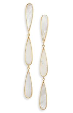 Mother-of-pearl drops framed in 18-karat gold-plated sterling silver catch the light as they dangle on these linear earrings. Post back Mother-of-pearl/sterling silver/18k-gold plate Imported Modern Gold Linear Earrings With Pearl Drop, Formal Teardrop Linear Earrings With Pearl Charm, Gold Teardrop Linear Earrings With Pearl Charm, Linear Earrings, Earrings In Gold, Fabric Gift Bags, Keep Jewelry, Pearl Drop, Gold Plated Sterling Silver