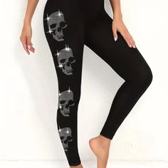 Description Waist: 32-44+ Inseam: 31 Comfortable And Stretchy: Made With Elastic Waistband And Stretchy Fabric, These Leggings Provide Ultimate Comfort And Flexibility For All-Day Wear. Cute Rhinestone Skulls Print: The Adorable Skulls Adds A Touch Of Fun, Bling And Playfulness To Your Outfit. Versatile: Perfect For Casual Wear, These Leggings Can Be Paired With A Variety Of Tops And Shoes For Different Occasions. Easy Care: These Leggings Are Easy To Care For And Maintain, Making Them A Practic Stretch Silver Leggings, Silver Stretch Bottoms For Sports, Silver Stretch Sports Bottoms, Diy Leggings, Aztec Leggings, Old Navy Leggings, Cute Leggings, Christmas Leggings, Leggings Casual