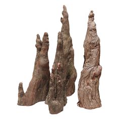 three pieces of driftwood are shown against a white background