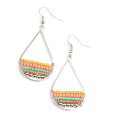 Infused With A Row Of Classic Silver Beads, A Collection Of Yellow, Coral, Turquoise, And Brown Beads Are Threaded Along Dainty Wires At The Bottom Of A Silver Teardrop Frame For A Seasonal Look. Earring Attaches To A Standard Fishhook Fitting. Sold As One Pair Of Earrings. Multicolor Beaded Earrings For Beach In Spring, Spring Multicolor Teardrop Jewelry, Yellow Beaded Earrings For Summer Beach, Yellow Bohemian Beaded Earrings For Spring, Multicolor Beaded Chain Earrings For Summer, Summer Multicolor Beaded Chain Earrings, Dream Catcher Earrings, Orange Earrings, Faux Pearl Earrings