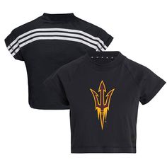 Celebrate your unwavering Arizona State Sun Devils spirit with the adidas Women's Black Arizona State Sun Devils Recycled Cotton Crop Top. This stylish top features screen print graphics and applied three-stripes across the back, proudly displaying your Arizona State Sun Devils pride. Its higher crew neck and regular fit provide a comfortable and flattering silhouette, while the cropped hem adds a touch of modern style. Made from recycled cotton, this top is not only comfortable but also environ Arizona T Shirt Designs, Patriotic Black Short Sleeve T-shirt, Arizona Tee, Cotton Crop Top, Arizona State, Black Adidas, Crop Top, Adidas Women, Recycled Cotton