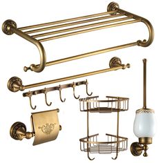 bathroom accessories including soap dispenser, toilet paper holder and brass finish towel rack