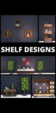 some different types of furniture and decorations in the same room with text that reads, shelf designs