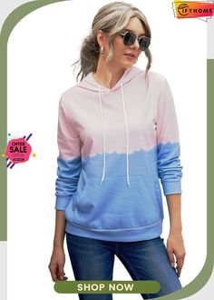 Sky Blue Dip-dye Colorblock Drawstring Hoodie with Pockets Short Ripped Jeans, Good Characteristics, Blue Dip Dye, Womens Sweatshirts Hoods, Casual Long Sleeve Shirts, Denim Short, Hooded Tops, Comfy Hoodies, Dip Dye