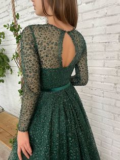 Emerald Forest Gown | Teuta Matoshi Backless Dress Prom, Forest Gown, Velvet Gown Design, Prom Dress With Pockets, Emerald Gown, Teuta Matoshi, Glitter Prom Dresses, Emerald Forest, Velvet Belt