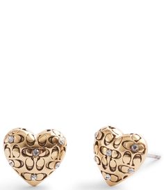 From COACH&#x2C; these earrings feature:Heart Stud Earrings Brass/Glass crystal/TitaniumApprox. 0.4 L x 0.4 WClosure Post backQuilted signature sculpted C motif and delicate crystal stone accentsHypoallergenic titanium postsIncludes signature COACH jewelry pouchImported. Coach Gold Heart-shaped Jewelry, Coach Heart-shaped Gold Jewelry, Coach Heart-shaped Jewelry For Gift, Coach Elegant Heart-shaped Jewelry, Coach Elegant Heart Jewelry, Elegant Coach Heart-shaped Jewelry, Elegant Coach Heart Shaped Jewelry, Coach Earrings, Dope Jewelry Accessories