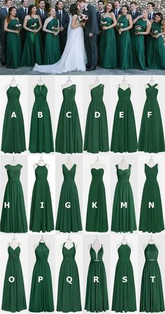 a group of people standing next to each other in long green dresses with their names on them