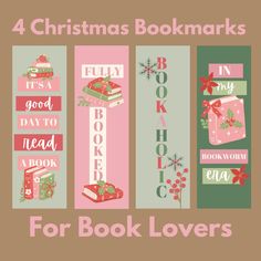 four christmas bookmarks with the words for book lovers