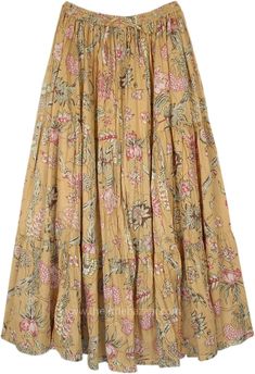 This elegant long maxi skirt is crafted from soft, breathable cotton, providing both comfort and style.  The skirt features a lush floral print with a diverse range of blooming flowers and foliage in shades of pink, green, and brown on a light brown background, imparting a vibrant, earthy feel. #tlb #Crinkle #TieredSkirt #vacationclothing #Floral #Printed #XLPlus #MaxiSkirt #TieredSkirt #FloralSkirt Beige Tiered Maxi Skirt With Floral Print, Beige Floral Print Tiered Maxi Skirt, Floral Print Flared Maxi Skirt For Garden Party, Beige Floral Print Midi Skirt, Beige Cotton Tiered Maxi Skirt, Spring Beige Floral Print Skirt, Summer Floral Print Cotton Maxi Skirt, Bohemian Full Skirt With Floral Print, Cotton Floral Print Skirt For Garden Party