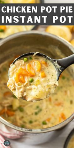 a ladle full of chicken pot pie instant pot pie soup is being held by a spoon