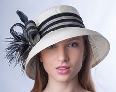 Derby style hat Navy wide-brim hat Kentucky derby hat Summer Party Wide Brim Fedora, Spring Races Wide Brim Boater Hat, Gatsby Wide Brim Party Hat, Gatsby Style Wide Brim Party Hat, Chic Sun Hat For Kentucky Derby Party, Spring Races Boater Hat With Wide Brim, Summer Evening Fascinator With Flat Brim, Spring Boater Hat For Races, Summer Party Fedora With Short Brim