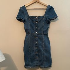 Size Small Super Cute Never Worn* Would Love It To Be In A Better Home! Spring Denim Dress By H&m, H&m Denim Dresses For Spring, H&m Spring Denim Dress, Fitted Dark Wash Mini Dress With Short Sleeves, Dark Wash Fitted Mini Dress With Short Sleeves, Fitted Medium Wash Denim Dress For Date Night, Casual Knee-length Mini Dress By H&m, H&m Casual Knee-length Mini Dress, Casual Knee-length H&m Mini Dress