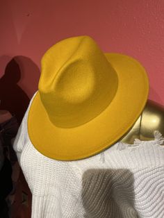 Felt fashion hat, adjustable inside 35% polyester 75%cotton Brim to brim:13” by 12” Half brim:3” Felt Fashion, Hat Fashion, Panama Hat, Floppy Hat, Fedora, Mustard, Felt, Hats