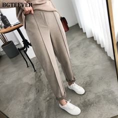 Brand Name: BGTEEVERPant Style: Pencil PantsMaterial: PolyesterMaterial: CottonFit Type: RegularLength: Full LengthDecoration: PocketsOrigin: CN(Origin)Season: WinterWaist Type: HIGHModel Number: LY3933Pattern Type: SolidStyle: CasualFront Style: FlatFabric Type: BroadclothClosure Type: Elastic WaistGender: WOMENgender: womencolor: winter woolen pant Gym Pants Women, Celana Fashion, Winter Trousers, Winter Plus Size, Warm Pants, Work Suits, Loose Trousers, Suit Pant, Slim Trousers