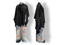 This vintage kimono duster is a unique addition to any wardrobe. With a beautiful black and brown crepe like fabric with a floral print, it is sure to make a statement. The size of this piece is considered M/L and it is from the 1970s, making it a true original. The sleek  look adds to the charm and it is in great condition, ready to be worn and loved. Design like a true traditional Kimono, no size or fabric labels. The fabric is soft and I feel some areas are hand dyed. Length 59 floor  length Traditional Black Floral Print Kimono, Traditional Black Kimono With Floral Print, Black Fitted Long Kimono, Fitted Long Black Kimono, Vintage Black Kimono For Spring, Black Silk Kimono For Spring, Kimono Jacket Outfit, Long Kimono Jacket, Kimono Vintage