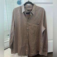 Lightly Worn - Size 43/17 Skinny. Tan Color Khaki Snap Buttons Button-up Shirt, Luxury Brown Button-up Shirt, Cheap Brown Button-up Flannel Shirt, Gucci Shirts, Tan Color, Mens Shirt Dress, Button Up, Shirt Dress, Mens Shirts