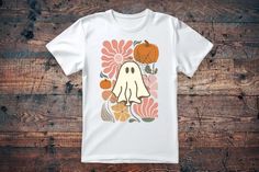 Floral Ghost fall shirt Casual Fall Shirt With Graphic Print, Retro Graphic Print Shirt For Fall, Retro Crew Neck Shirt For Fall, Orange Graphic Print Shirt For Fall, Vintage White Shirt For Fall, Orange Shirt With Graphic Print For Fall, White Short Sleeve Shirt For Fall, Floral Ghost, Ghost Shirt