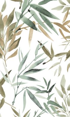 watercolor painting of green leaves and branches on a white background, with neutral tones