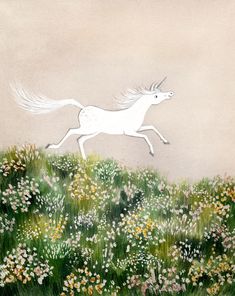 a painting of a white unicorn running through a flowery field with grass and flowers in the foreground