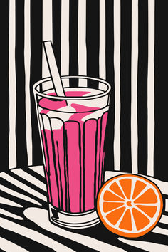 an orange slice next to a glass of juice on a black and white striped tablecloth