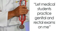 a doctor holding a stethoscope in his right hand with the words let medical students practice general and regular exam on me